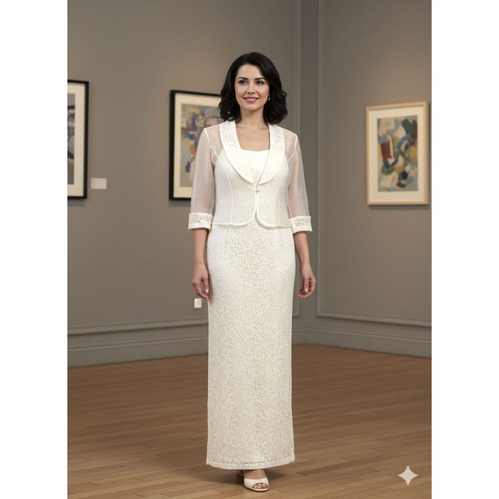 Alex Evenings White/Ivory Lace Dress and Sheer Organza Jacket Set Size 10 VTG